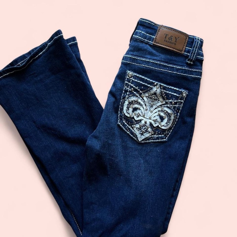 Blue Boot Cut Jeans with Fleur-de-lis Embroidery